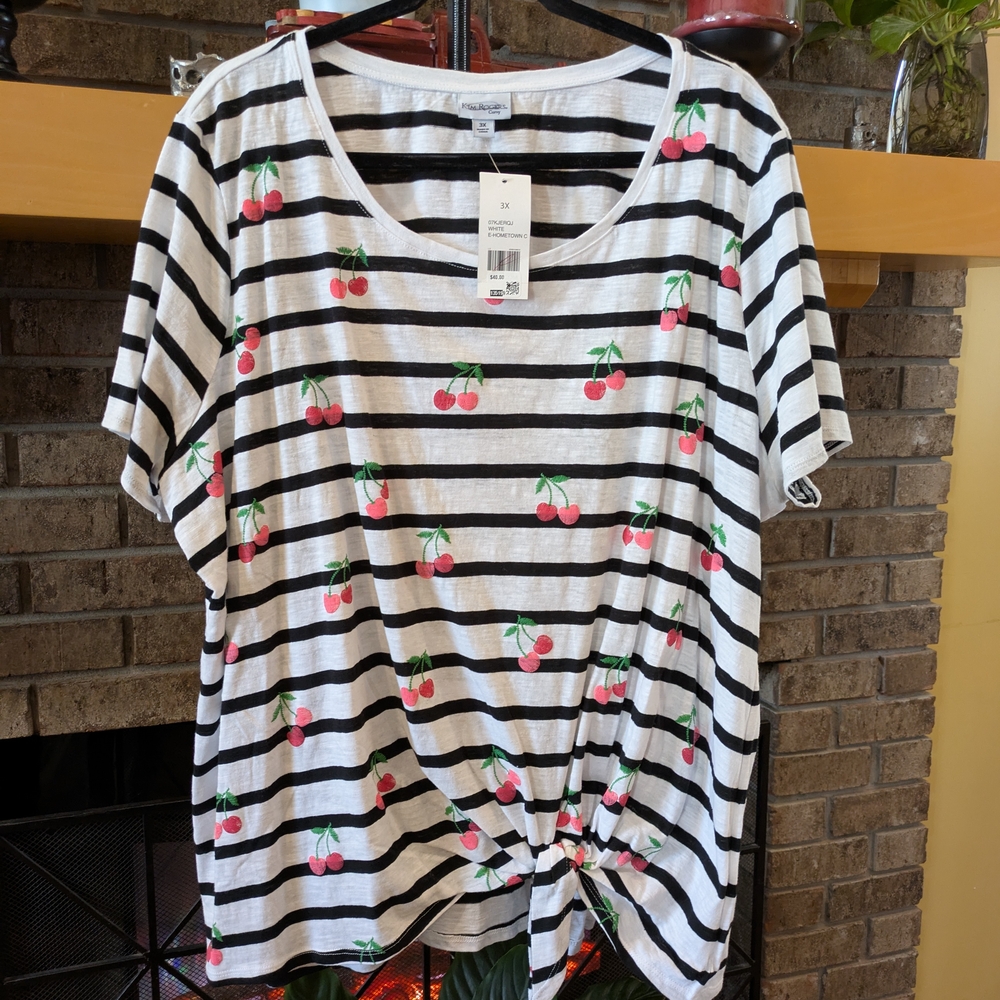 Kim Rogers Black and White Striped Cherry Top